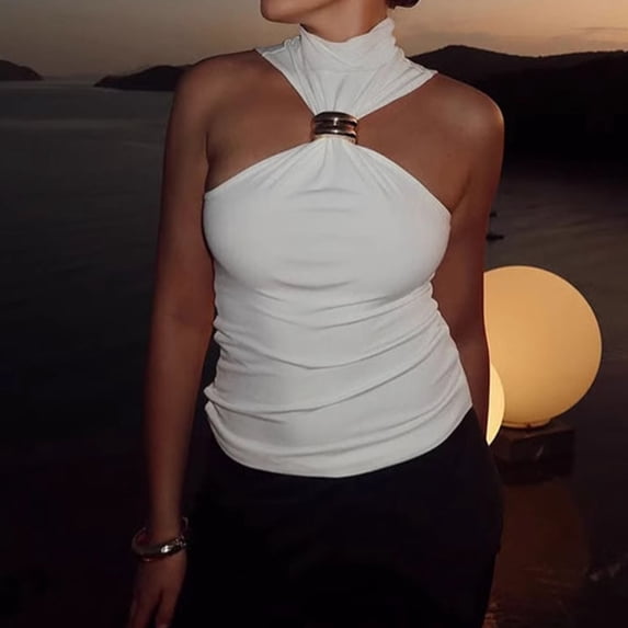 Fengqque Women High Neck Metal Decoration off-shoulder Slim Fit Womens Sleeveless hHalter Vest Top White M(M)