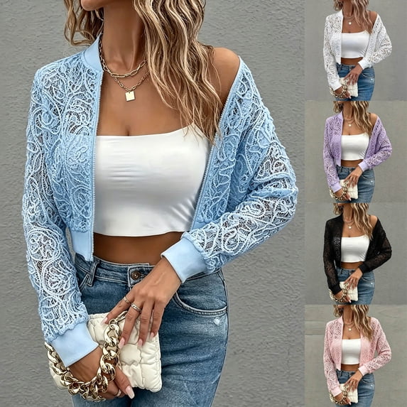 Fengqque Women Hollow Floral Lace Cropped Bomber Jacket Full Zip Stand Collar Long Sleeve Sheer Lightweight Short Outer Layer Cover Up White XL