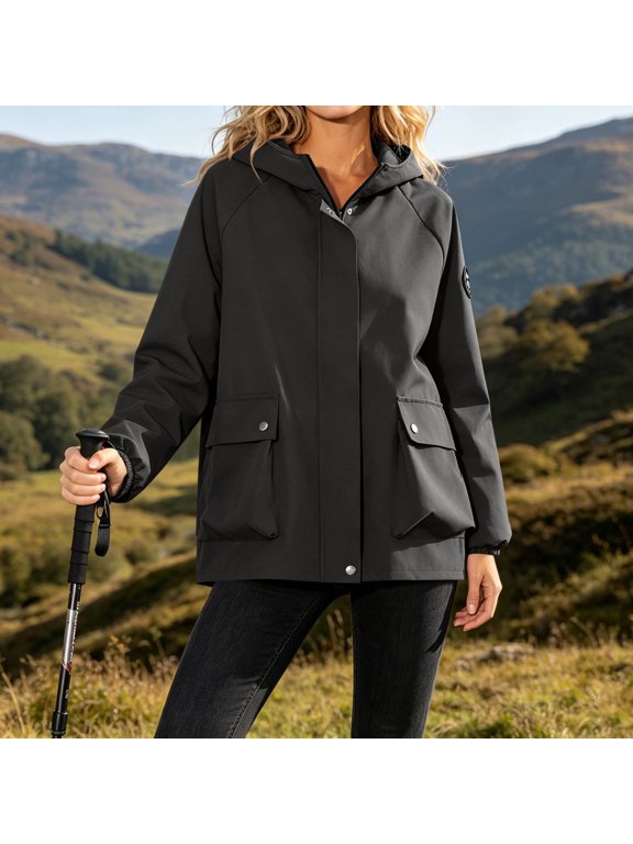 Women Hooded Windproof Jacket Raglan Sleeve Elastic Cuff Snap Flap Badge Loose Outdoor Casual Outer Coat Black XL