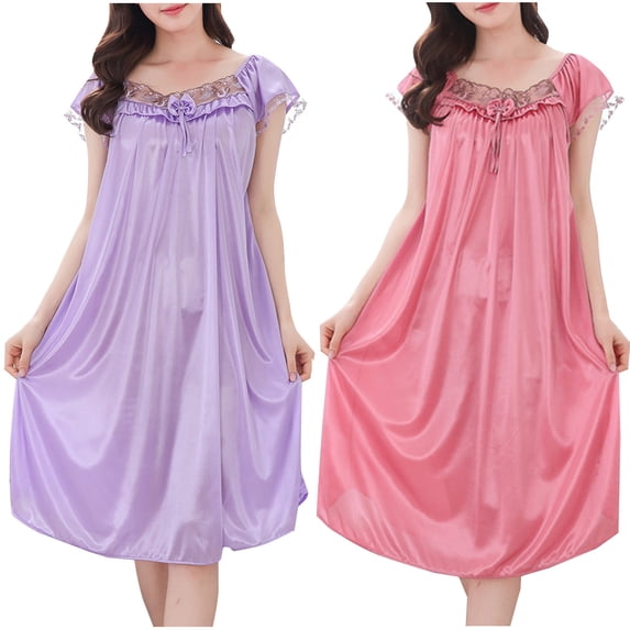 Fengqque Women Lace Trim Bow Front Flutter Sleeve Ice Silk Midi Nightgown Loose Solid Color Sleep Dress Purple-A XL