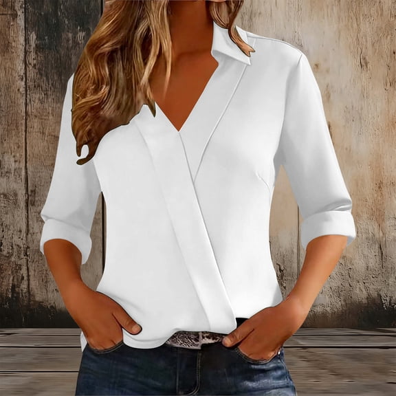 Fengqque Women Lapel Shirts 3/4 Sleeve Basic Business Dress Shirt Slim Fitted Classic V Neck Work Blouse Tops White S(S)