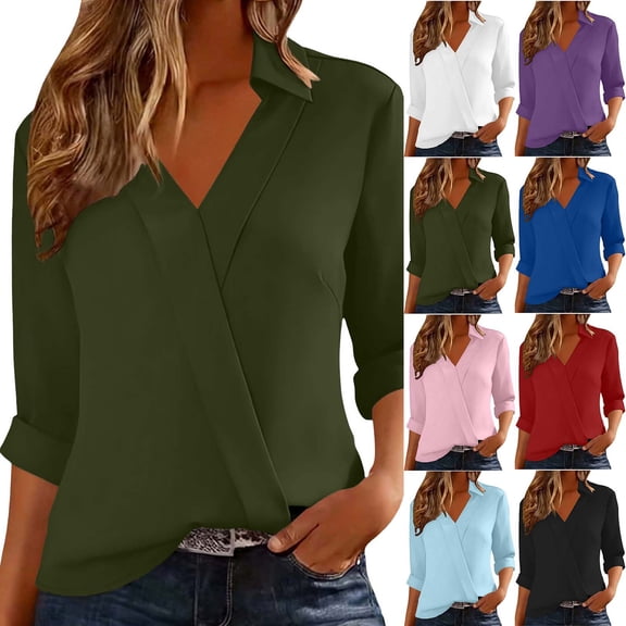 Fengqque Women Lapel Shirts 3/4 Sleeve Basic Business Dress Shirt Slim Fitted Classic V Neck Work Blouse Tops White XL(XL)