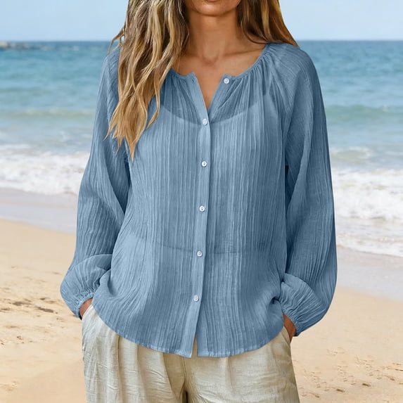 Fengqque Women Long Sleeve Blouse Elastic Cuff Button Down Semi Sheer Loose Fit Vacation Commuter Shirt Light Blue XXL