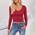 thumbnail image 1 of Fengqque Women Long Sleeve Shirts V Neck T Shirts Casual thermal Tops Slim Fit Basic Tight Tees Going Out Top Red L(L), 1 of 7