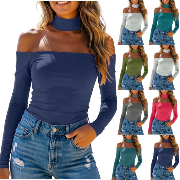 Fengqque Women Long Sleeve Top Convertible Detachable Snap Choker Square Neck Raglan Slim Fit Solid Blouse Navy-A XS
