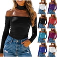 thumbnail image 1 of Fengqque Women Long Sleeve Top Halter Choker off Shoulder Cropped Bodycon Solid Color Blouse White XS, 1 of 9