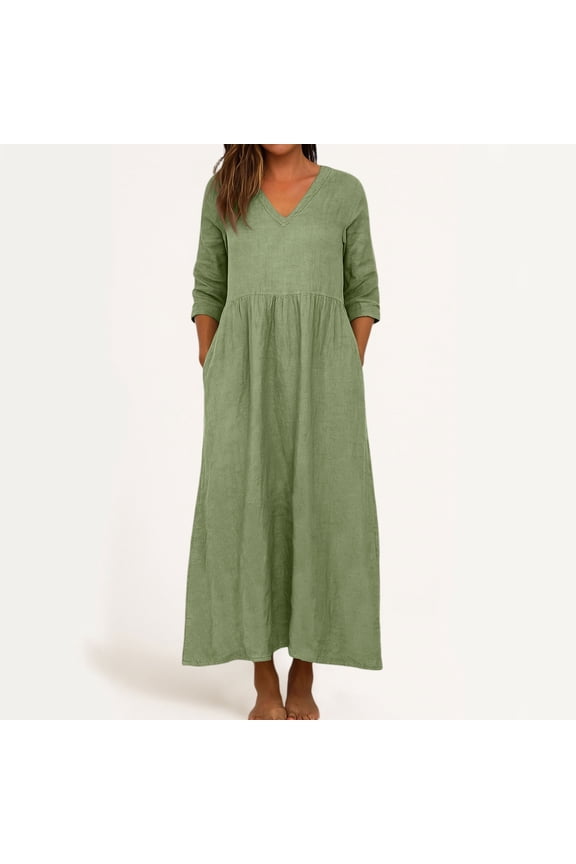 Women Long Sleeve V Neck Beach Vacation Cotton-linen Imitation Dresses Dress Pleated Waist-cinching Women's Casual Dresses Green-A L(L)
