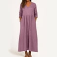 thumbnail image 1 of Fengqque Women Long Sleeve V Neck Beach Vacation Cotton-linen Imitation Dresses Dress Pleated Waist-cinching Women's Casual Dresses Purple-A XXL(XXL), 1 of 7
