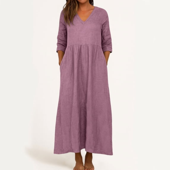 Fengqque Women Long Sleeve V Neck Beach Vacation Cotton-linen Imitation Dresses Dress Pleated Waist-cinching Women's Casual Dresses Purple-A XXL(XXL)