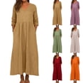 thumbnail image 1 of Fengqque Women Long Sleeve V Neck Beach Vacation Cotton-linen Imitation Dresses Dress Pleated Waist-cinching Women's Casual Dresses Red-A XL(XL), 1 of 7