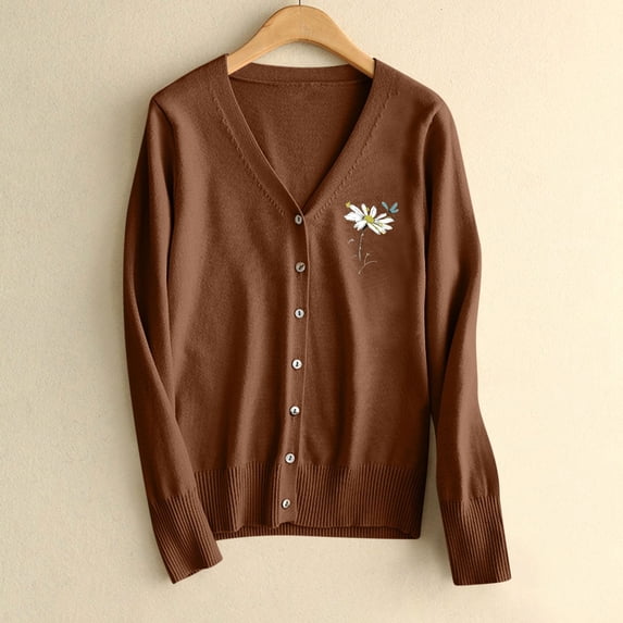 Fengqque Women Long Sleeves Oversized Cardigan Sweater Fashion V Neck Knit Button Front Casual Trendy Tops Brown L(L)