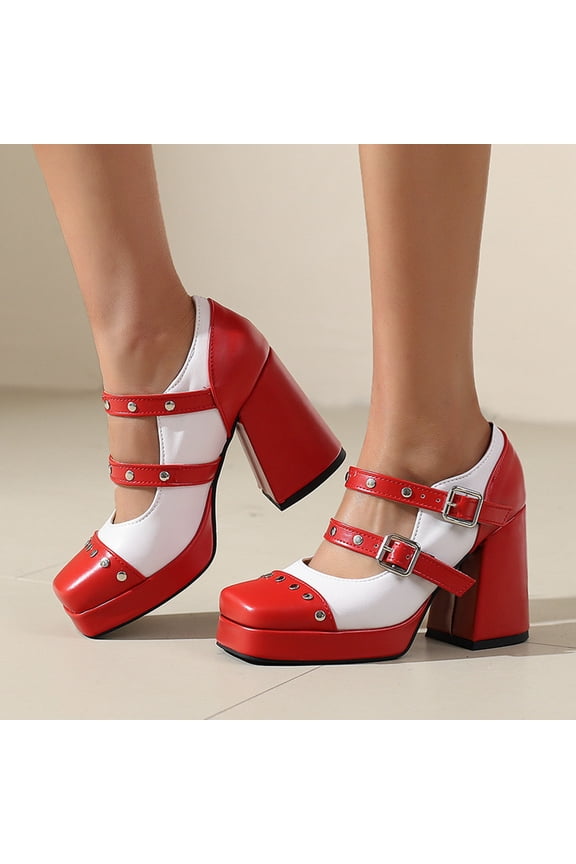 Women Mary Jane Shoes Heels Chunky Block High Heels with Double Strap Women's Pumps Round Toe Heel Shoes Red 7(39)