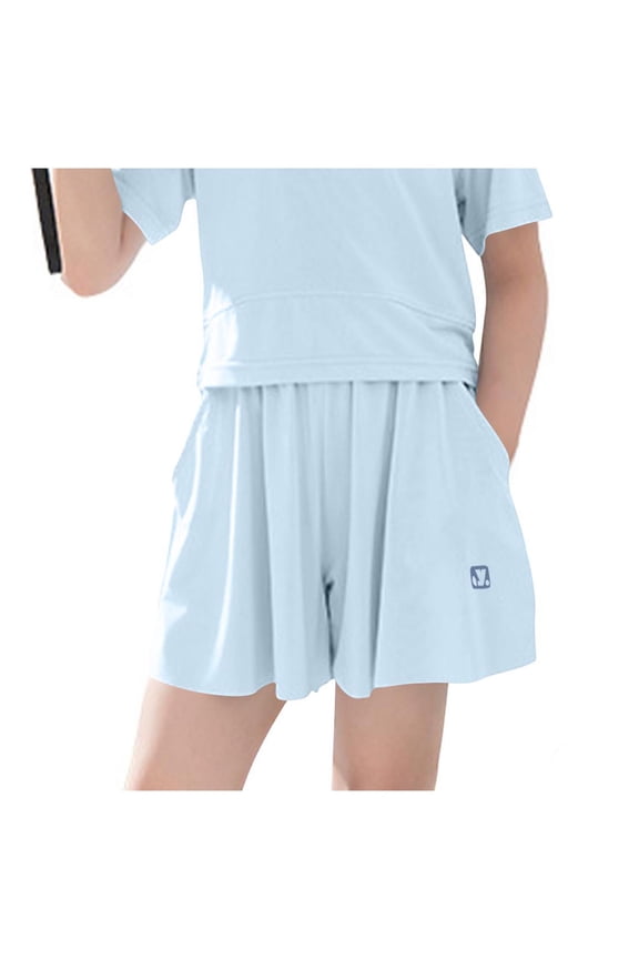 Women Pleated Ice Silk Sports Shorts Elastic High Waist Side Pocket Tennis Quick-drying Casual Summer Skort Blue 5-6 Years