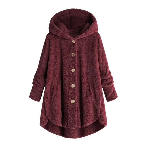 Fengqque Women Plus Size Button Plush Tops Hooded Loose Cardigan Wool Coat Winter Jacket