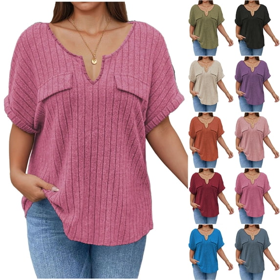 Fengqque Women Plus Size Tops V Neck Short Sleeve Shirts Summer Brushed Ribbed Brushed Ribbed T-shirt Wine XL(XL)