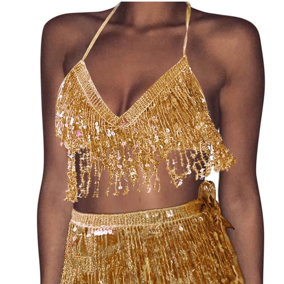 Fengqque Women Sequin Belly Costume Tassel Wrap Vest Club Tops