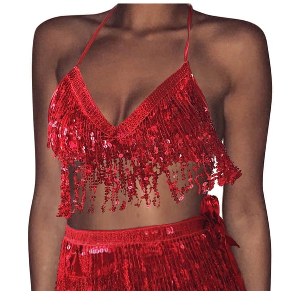 Fengqque Women Sequin Belly Costume Tassel Wrap Vest Club Tops