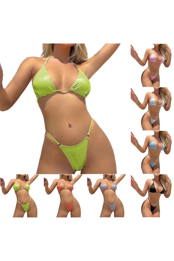 Women Sequin String Triangle Thong Bikini Bathing Suits Swimsuits Trikini Sparkle Rhinestone 2 Piece Swimsuits White S(S)
