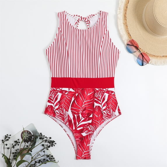 Fengqque Women Sexy Swimwear Stripe Printed Backless Siamese Swimsuit