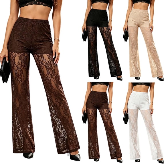 Fengqque Women Sheer Lace Flare Pants High Elastic Waist Built In Stretch Lining Slim Full Length See Through Layered Trousers White XL