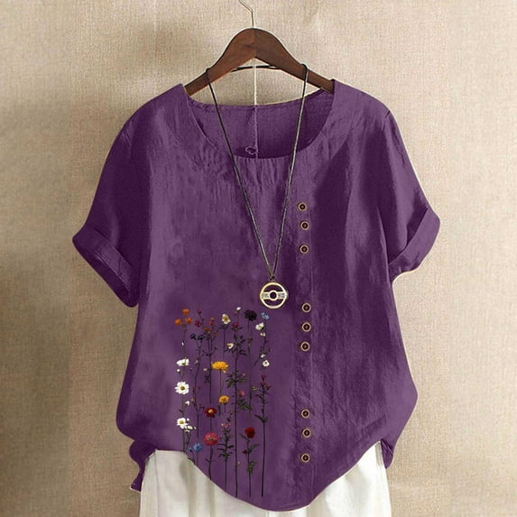 Fengqque Women Short Sleeve Round Neck Tops Summer Oversized T Shirts Casual Loose Basic Tees Blouses Women's Top Purple-B S(S)