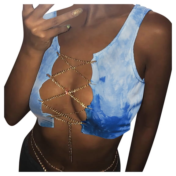 Fengqque Women Sleeveless Fashion Tie-Dyed Vest Hollow Out Strappy Sexy Tank