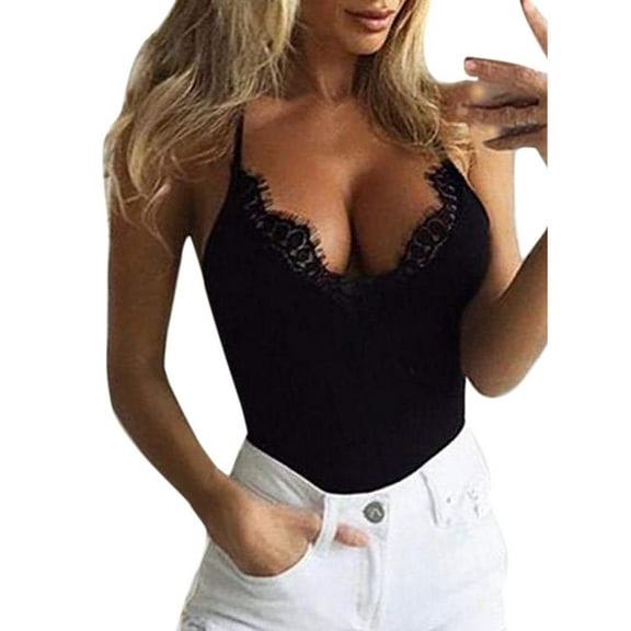 Fengqque Women Sleeveless Lace Sexy V Neck Short Mini Vest Tank Blouse BK/M