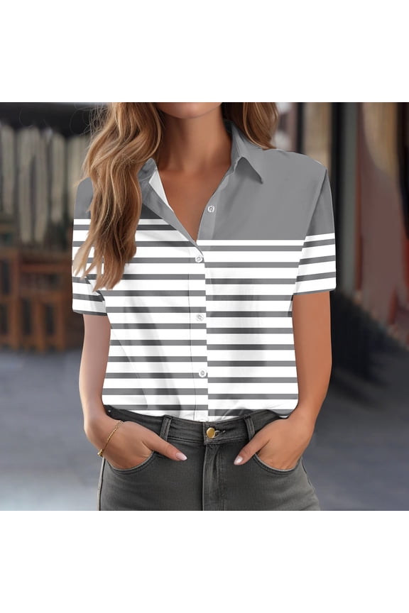 Women Summer Blouses Short Sleeve Lapel Striped Print Button Down Shirts Business Dressy Work Tops Gray S(S)