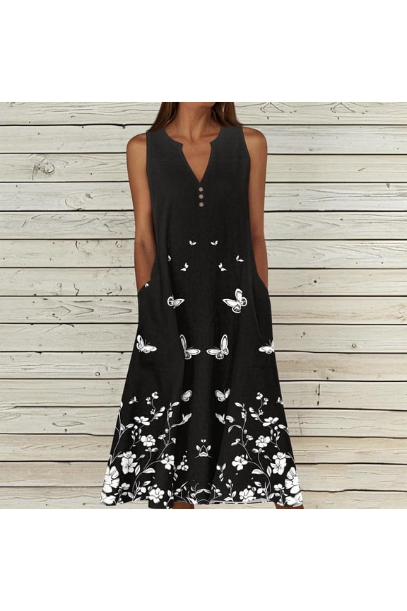 Women Summer Maxi Dress V-neck Button Sleeveless Vacation Dresses Elegant Flowy Sundress Multicolor-N XL(XL)