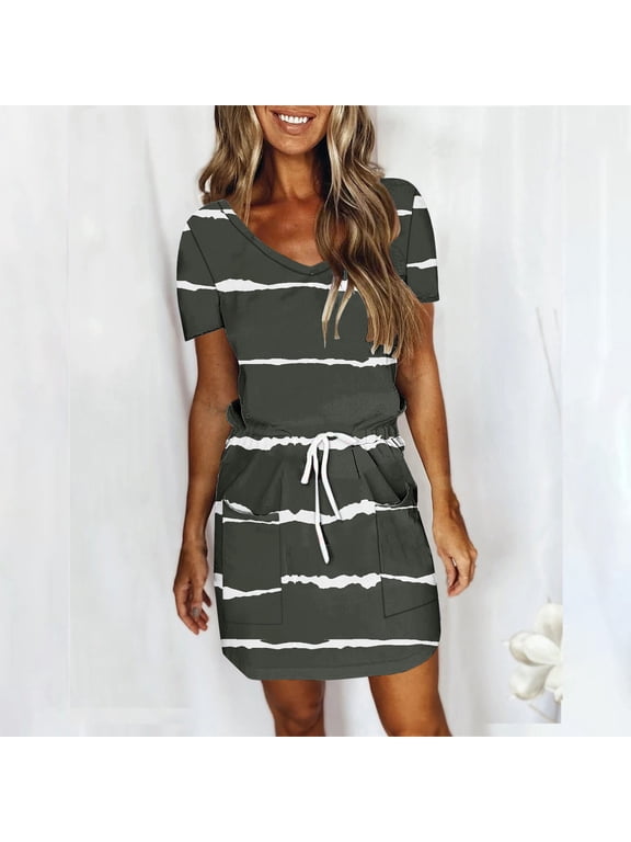 Women Summer Midi Dresses Short Sleeve V Neck Drawstring Knee Length T Shirt Dress with Pockets Green-C 12(XXL)