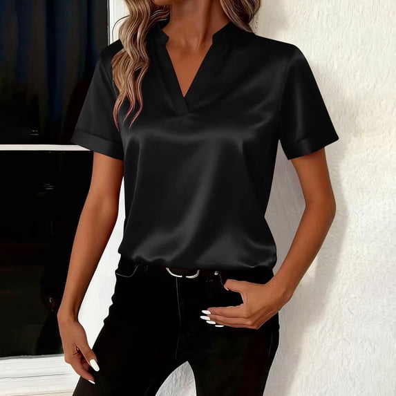 Fengqque Women Summer Short Sleeve Blouse V Neck Waist-cinching Shirts Business Casual Women's T-shirt Black M(M)