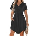 thumbnail image 1 of Fengqque Women Summer Solid Color Dress Casual V Neck Short Sleeve Drawstring Dresses Women's Dress with Pockets Black XL(XL), 1 of 7