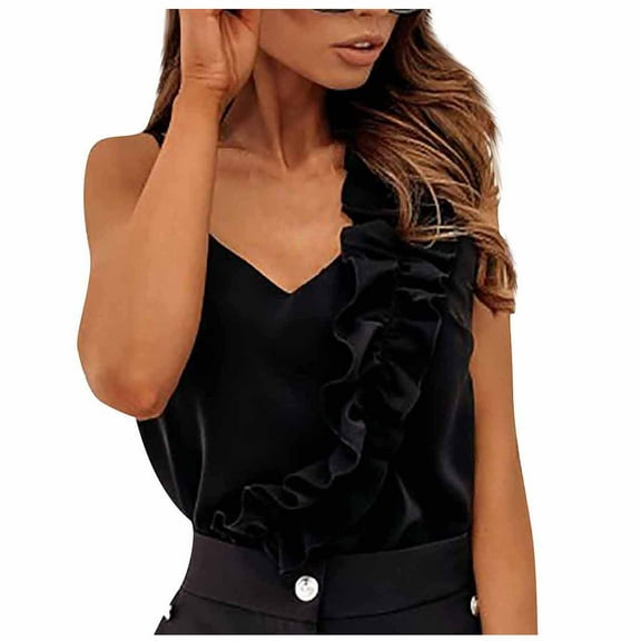 Fengqque Women Summer V-Neck Tops Pure Color Ruffles Backless Sleeveless Tops Blouse