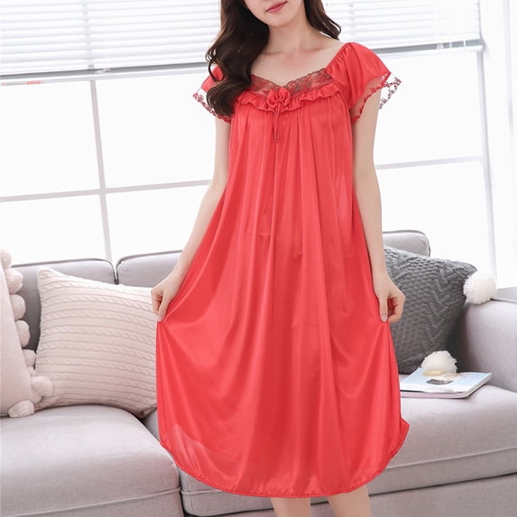 Fengqque Women V Neck Lace Trim Bow Front Flutter Sleeve Ice Silk Midi Nightgown Flowy Loose Silky Soft Sleep Dress Red XL