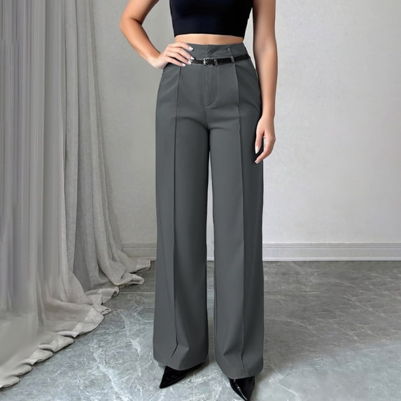 Fengqque Women Wide Leg Pants High Waisted Business Casual Work Trousers Suit pants belt with Pockets Gray M(M)