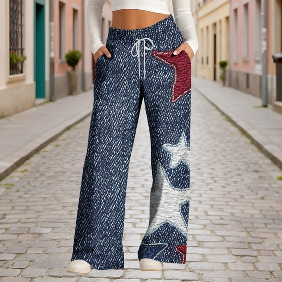 Fengqque Women Wide Leg Trousers Drawstring Print Pants Loose Straight Leg Pants with Pockets Navy-D XXXL(XXXL)