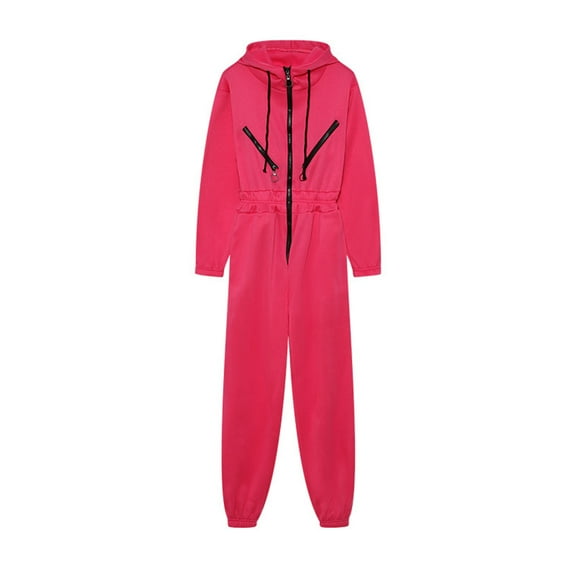 Fengqque Women Zipper Jumpsuits One Piece Outfits Hooded Sweatshirt Set High Waist Drawstring Ladies Jumpsuit Hot Pink 4(S)