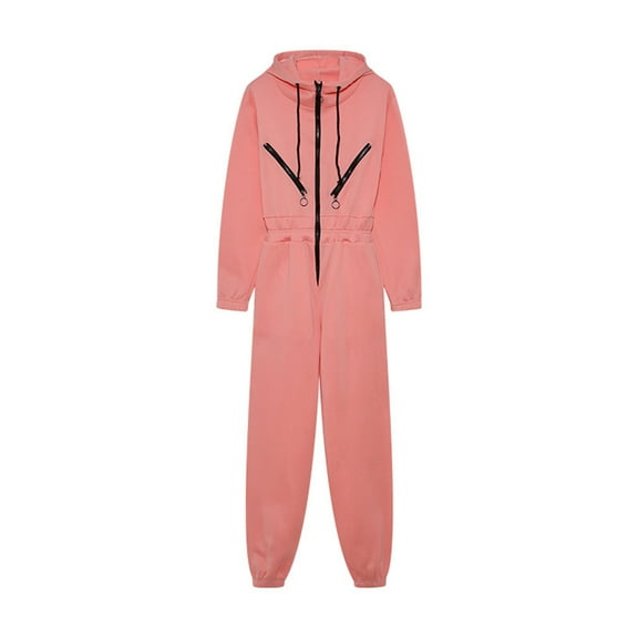 Fengqque Women Zipper Jumpsuits One Piece Outfits Hooded Sweatshirt Set High Waist Drawstring Ladies Jumpsuit Pink 10(XL)