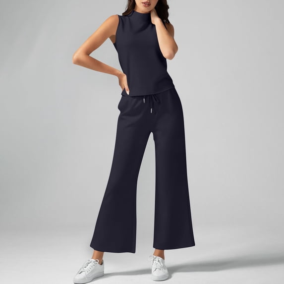 Fengqque Women's 2 Piece Casual Outfit Sleeveless Mock Neck Top & Drawstring Wide Leg Pants Set Dark Blue-A S(S)