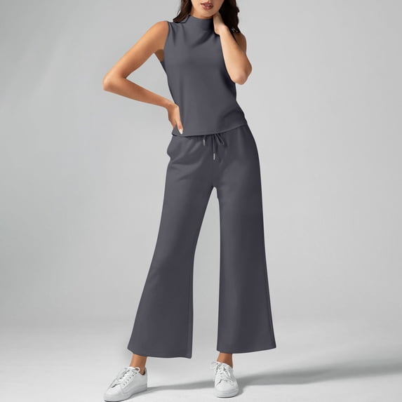 Fengqque Women's 2 Piece Casual Outfit Sleeveless Mock Neck Top & Drawstring Wide Leg Pants Set Gray-A M(M)