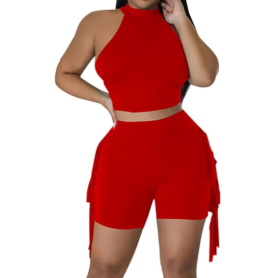 Fengqque Women's 2 Piece Outfit Tight-fitting Halter Neck Crop Top and Fringe Side Shorts Party Set Red M(M)