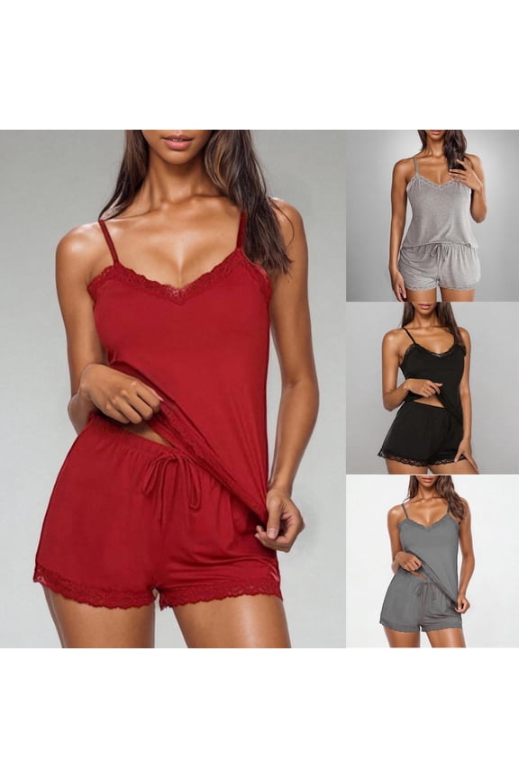 Women's 2 Piece Pajama Set Lace Trim Cami Top & Drawstring Shorts Loungewear Sleepwear Sets Red XL(XL)