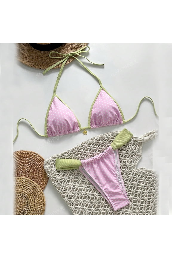 Women's 2 Piece Polka Dot Print Swimsuit Triangle String Tie Bikini Sets Bathing Suit Split Swimsuit Pink L(L)