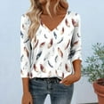 thumbnail image 1 of Fengqque Women's 3/4 Length Sleeve Tops Feather Print V Neck Blouses Business Work Casual Tunic Shirts White-F M(M), 1 of 6