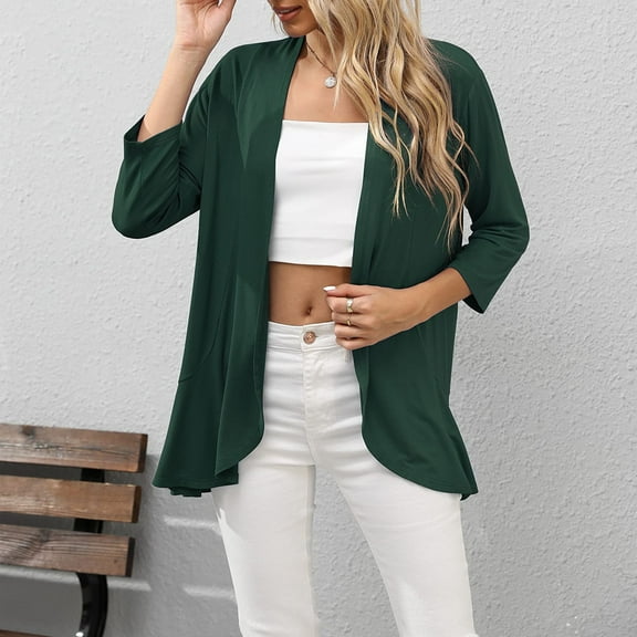 Fengqque Women's 3/4 Sleeve Casual Comfortable Solid Color Cardigan Top Blouse
