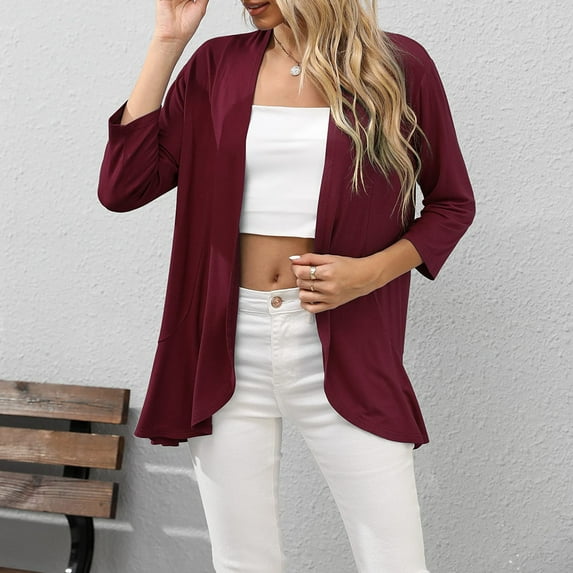 Fengqque Women's 3/4 Sleeve Casual Comfortable Solid Color Cardigan Top Blouse