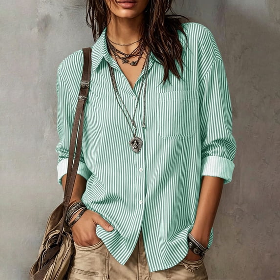 Fengqque Women's Blouses Striped Long Sleeve Shirts Button Down Loose Fit Casual Tops with Pocket Sky Blue L