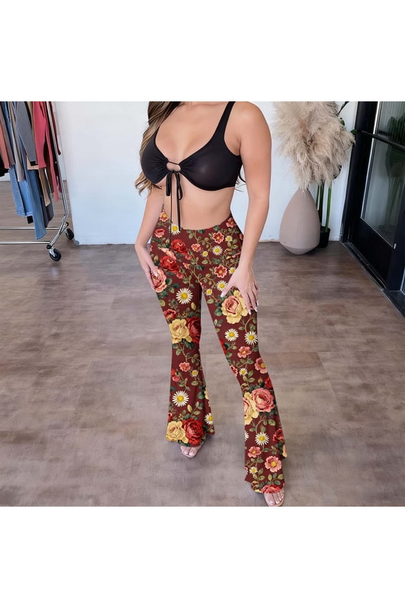 Women's Bohemian Style High Waisted Flower Print Leggings and Flared Pants Shaping Pants Slim Fit Flared Pants Wine XXL(XXL)