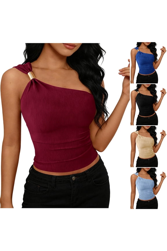Women's Bow Front One Shoulder Tanks Asymmetrical Slim Fit Sleeveless Top Womens Camisole Wine XL(XL)