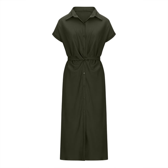 Fengqque Women's Button Down Shirt Dress Lapel Short Sleeve Solid Color Waist-cinching Maxi Dress Green 10(XL)